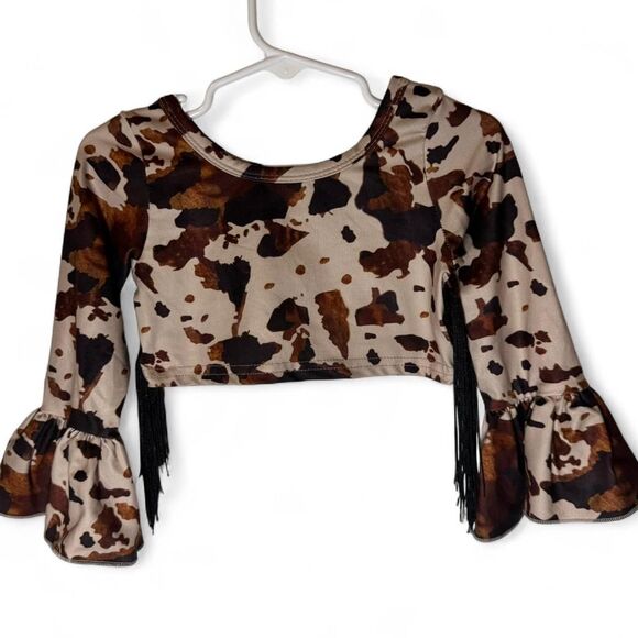 Toddler 18-24m Cow Print Crop Top Fringe Bell Sleeve Boutique - Picture 2 of 6
